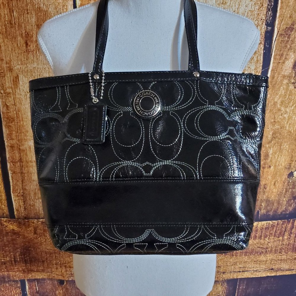 Coach Signature Stitched Patent Leather Tote